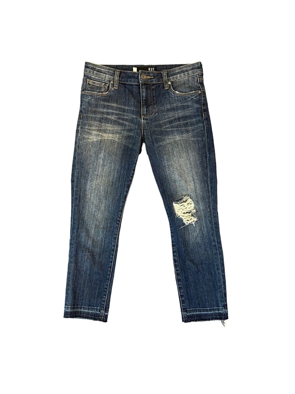 Kut from the Kloth Jeans Womens 0P Petite Reese Ankle Straight‎ Leg Distressed